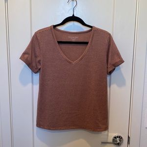 American Eagle Soft & Sexy Plush Brown & Pink Striped V-Neck Short Sleeve Top